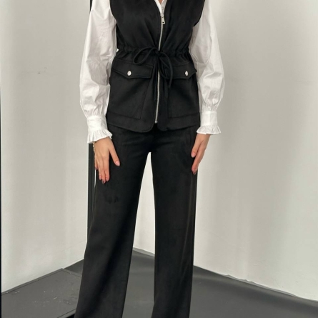 Costum Casual Negru cu Vestă și Pantaloni