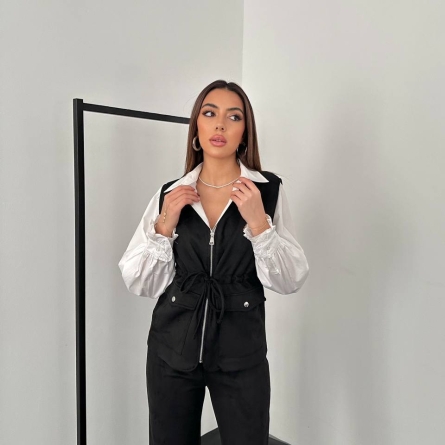 Costum Casual Negru cu Vestă și Pantaloni