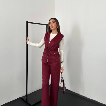 Женский Костюм Бордовый с Жилетом и Брюками