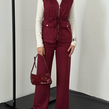 Женский Костюм Бордовый с Жилетом и Брюками