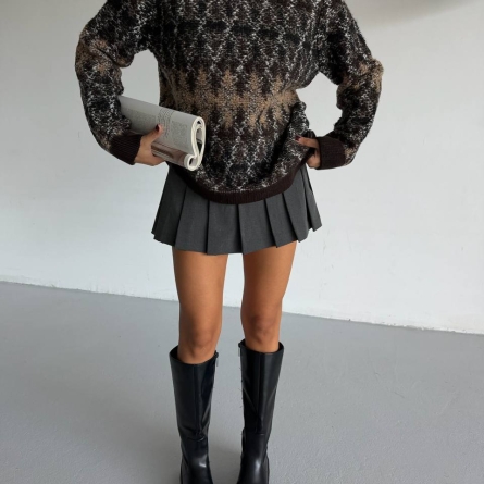 Brown Oversize Knit Sweater with Rombic Pattern