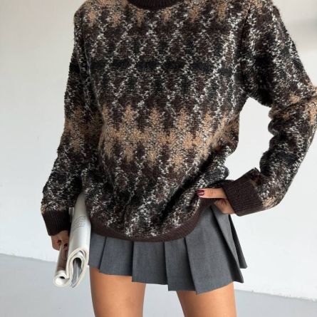 Brown Oversize Knit Sweater with Rombic Pattern