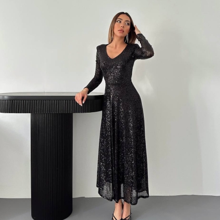 Black Sequin Dress with Open Back and Fitted Waist