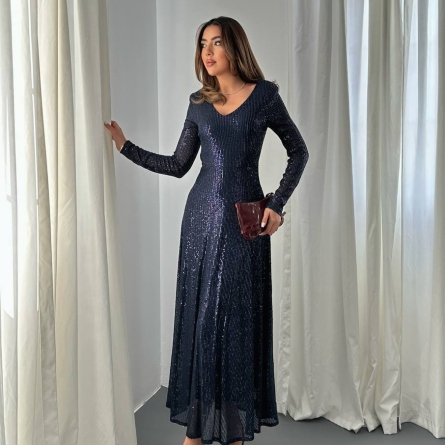 Темно Синее Длинное Платье с Пайетками и Открытой Спиной