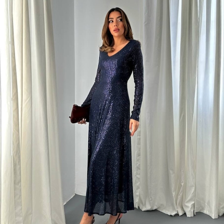 Темно Синее Длинное Платье с Пайетками и Открытой Спиной