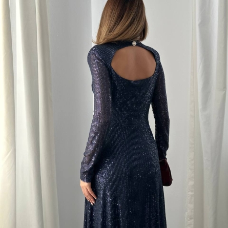 Темно Синее Длинное Платье с Пайетками и Открытой Спиной