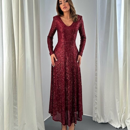 Бордовое Длинное Платье с Пайетками и Открытой Спиной