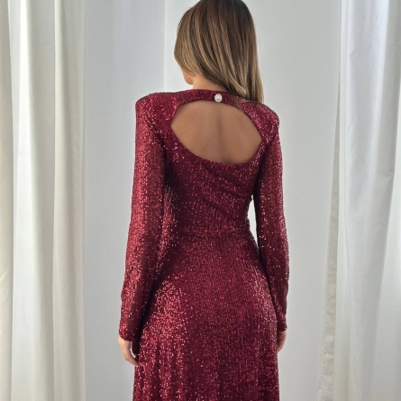 Бордовое Длинное Платье с Пайетками и Открытой Спиной