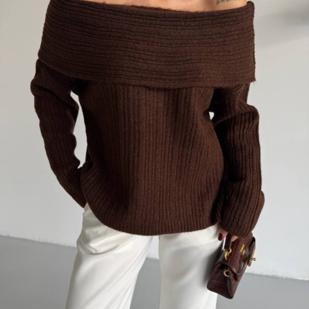 Pulover Maro Tricotat Tip Cădere pe Umeri