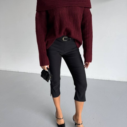 Burgundy Off-Shoulder Ribbed Sweater
