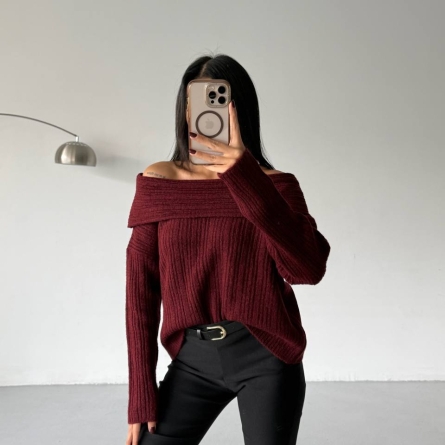 Burgundy Off-Shoulder Ribbed Sweater