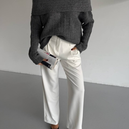 Gray Off-Shoulder Ribbed Sweater