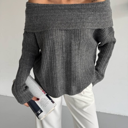 Gray Off-Shoulder Ribbed Sweater