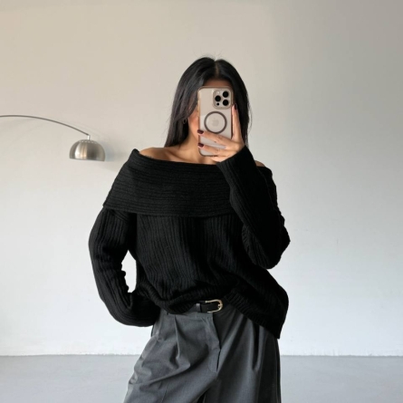 Black Off-Shoulder Ribbed Sweater