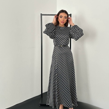 Black Polka Dot Midi Dress with Puff Sleeves