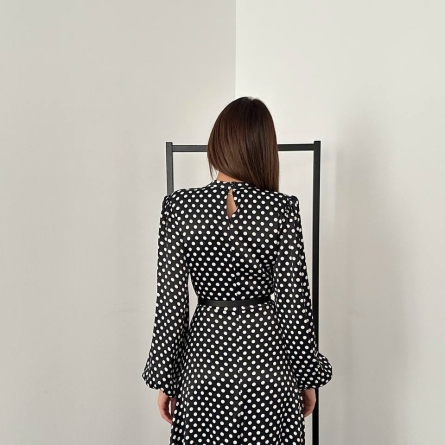 Black Polka Dot Midi Dress with Puff Sleeves