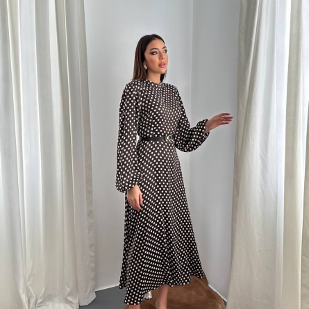 Коричневое Платье Миди в Горох с Объёмными Рукавами