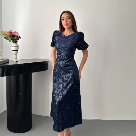 Rochie Midi Navy cu Paiete și M&acirc;neci Bufante