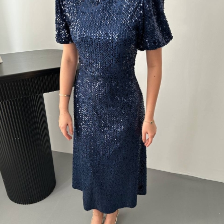 Rochie Midi Navy cu Paiete și M&acirc;neci Bufante