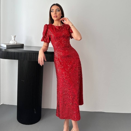 Красное Платье Миди с Пайетками и Пышными Рукавами