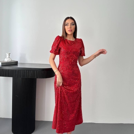 Красное Платье Миди с Пайетками и Пышными Рукавами