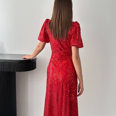 Красное Платье Миди с Пайетками и Пышными Рукавами
