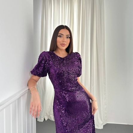 Rochie Midi Mov cu Paiete și M&acirc;neci Bufante