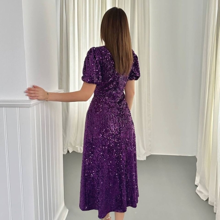 Rochie Midi Mov cu Paiete și M&acirc;neci Bufante