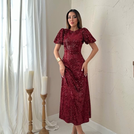 Rochie Midi Bordo cu Paiete și M&acirc;neci Bufante