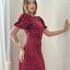 Rochie Midi Bordo cu Paiete și M&acirc;neci Bufante