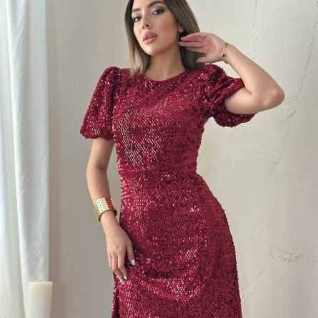 Rochie Midi Bordo cu Paiete și M&acirc;neci Bufante