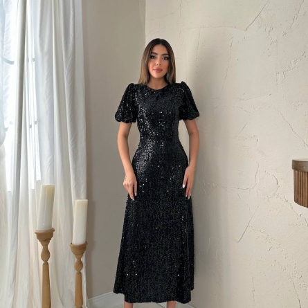 Black Sequin Midi Dress with Puff Sleeves