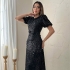 Black Sequin Midi Dress with Puff Sleeves