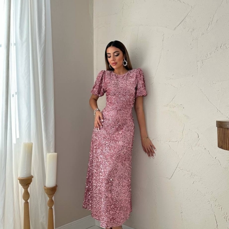 Rochie Midi Roz cu Paiete și M&acirc;neci Bufante