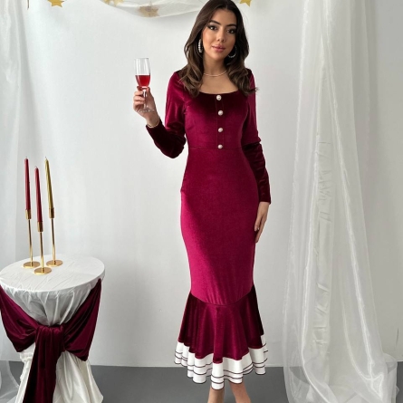 Burgundy Midi Dress with Decorative Buttons and Flounced Hem