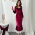 Burgundy Midi Dress with Decorative Buttons and Flounced Hem