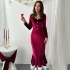 Burgundy Midi Dress with Decorative Buttons and Flounced Hem
