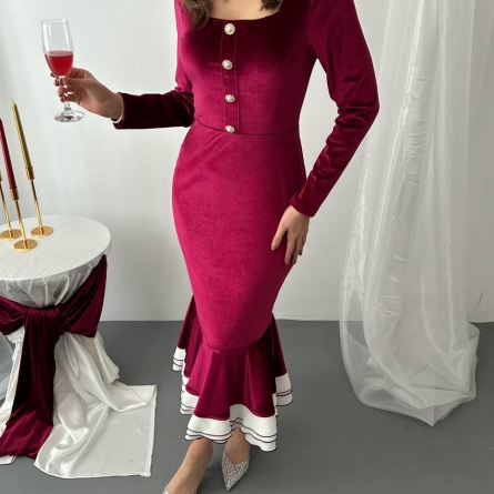 Burgundy Midi Dress with Decorative Buttons and Flounced Hem