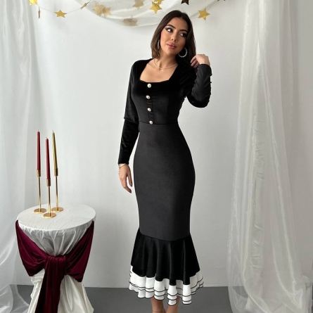 Черное Элегантное Платье Миди с Воланами