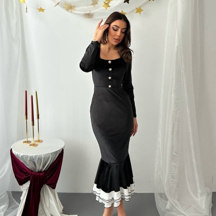 Черное Элегантное Платье Миди с Воланами