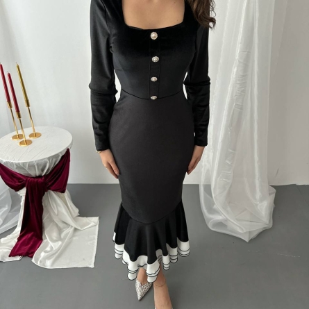 Черное Элегантное Платье Миди с Воланами