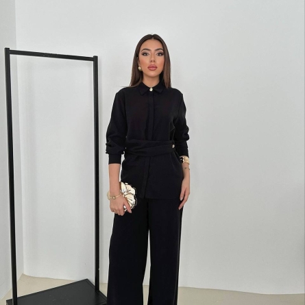 Черный Комплект с Драпированной Рубашкой и Широкими Брюками