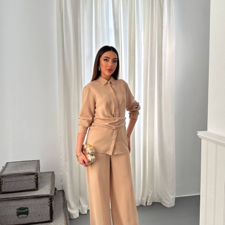 Camel Elegant Set with Draped Shirt and Wide-Leg Pants