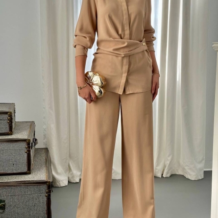 Camel Elegant Set with Draped Shirt and Wide-Leg Pants