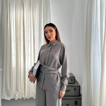 Серый Комплект с Драпированной Рубашкой и Широкими Брюками