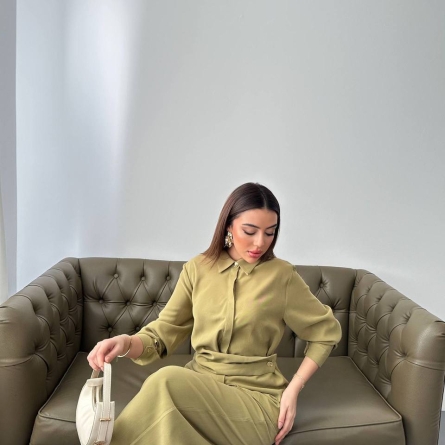 Комплект цвета хаки с Драпированной Рубашкой и Широкими Брюками