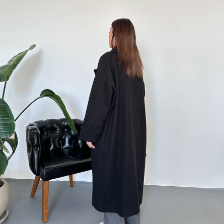 Черный Длинное Пальто с Плиссированными Манжетами