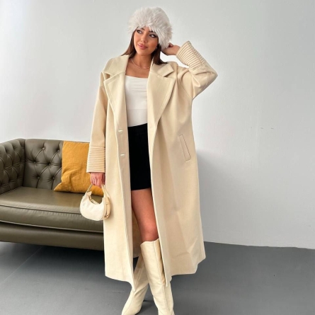 Бежевый Длинное Пальто с Плиссированными Манжетами