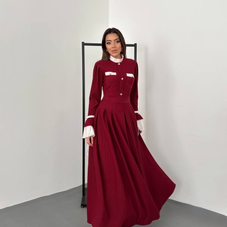 Burgundy Elegant Midi Dress with Contrast Details