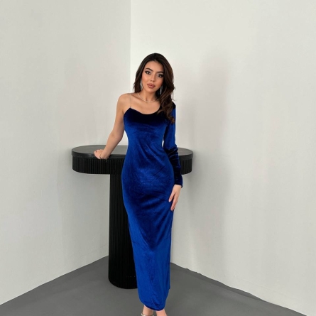 Темно Синее Миди Платье на Одно Плечо из Велюра